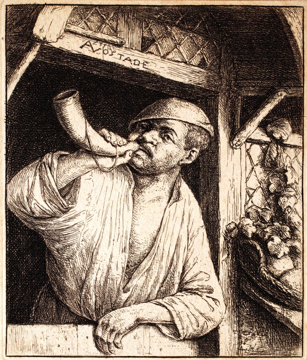 Baker megszólaltatja a kürtjét, 1670 körül alkotó: Adriaen Jansz. van Ostade