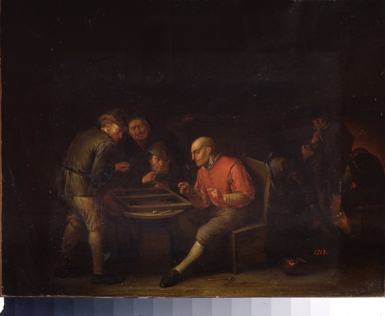 Flemingek kockajátékkal. (Flemingek kockával játszanak). Adriaen Jansz van Ostade (1610-1685) festménye. holland iskola. Olajfestmény. Gatchina Palota Múzeum, Szentpétervár. alkotó: Adriaen Jansz. van Ostade