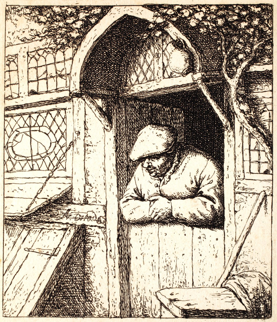 Az ajtóra támaszkodó ember, 1672 körül (rézkarc) alkotó: Adriaen Jansz. van Ostade