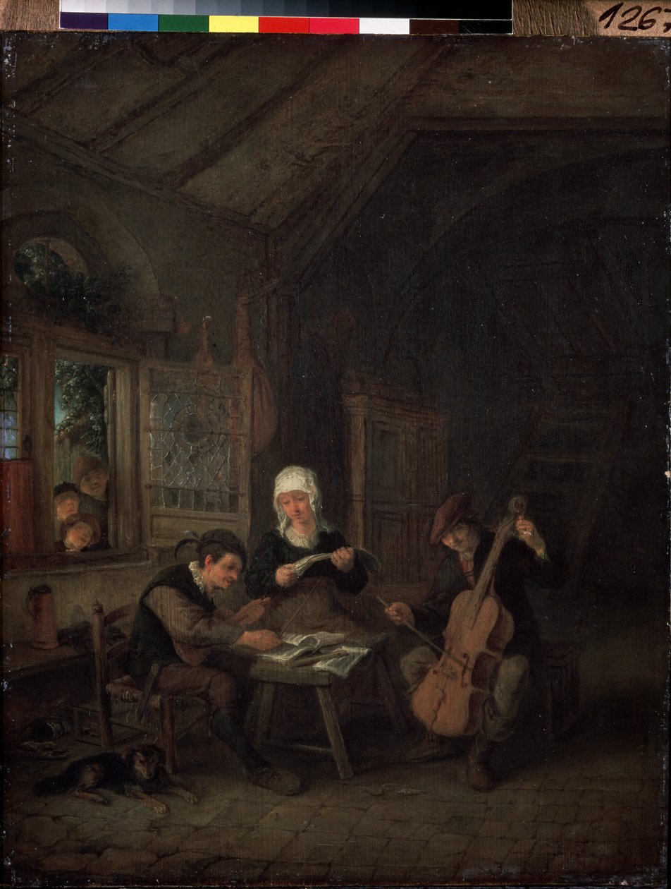 Falusi Zenészek (Rural Musicians). Hegedűs és csellóművész játszik egy házban. Adriaen Jansz Van Ostade (1610-1685) festménye alkotó: Adriaen Jansz. van Ostade