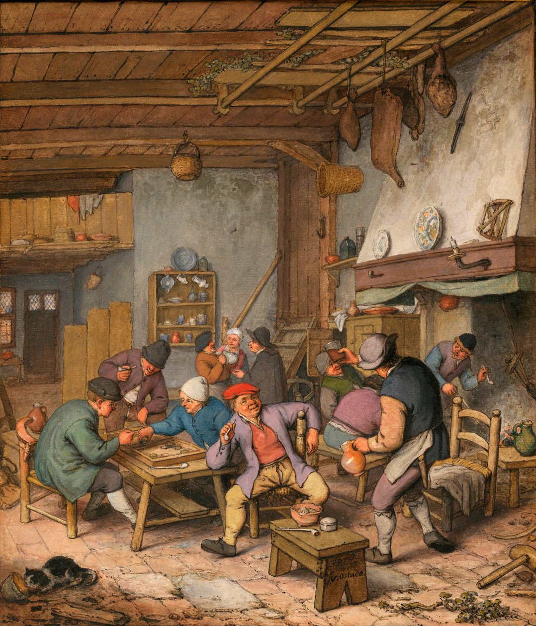 Szoba egy fogadóban, ahol parasztok isznak, dohányoznak és backgammonoznak – Adriaen Jansz van Ostade (1610-1685) munkája Ceruza, kréta és akvarell papíron alkotó: Adriaen Jansz. van Ostade