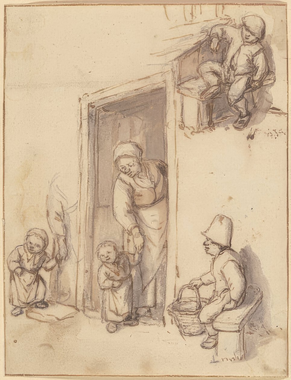 Tanulmányi lap egy anyával és lányával a bejárati ajtóban, két fiú ülve. 1660-as évek alkotó: Adriaen Jansz. van Ostade
