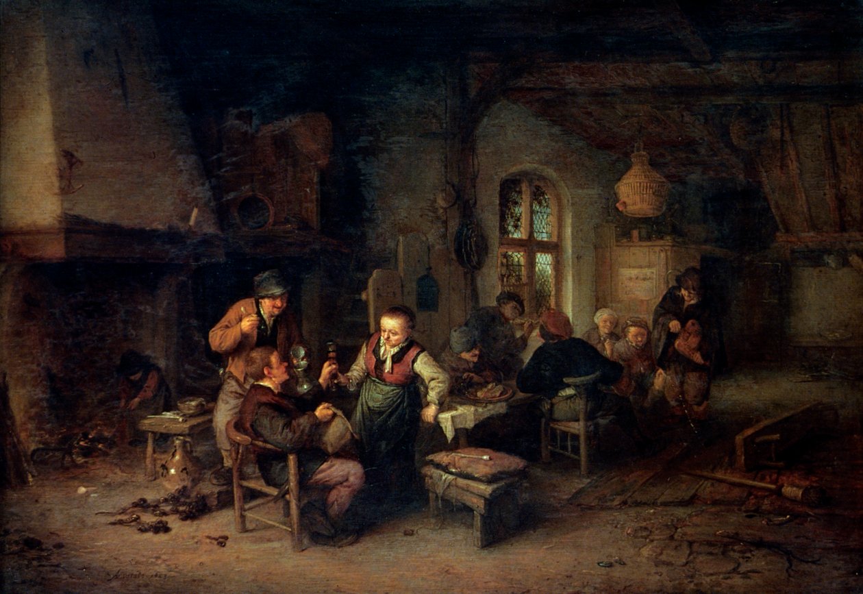 Egy fogadó belseje kilenc paraszttal és egy Hurdy-Gurdy játékossal, 1653. alkotó: Adriaen Jansz. van Ostade