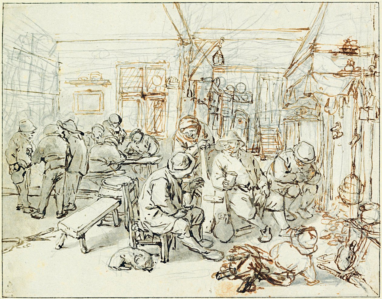 Parasztok csoportja egy kocsmában (Paraszt társasága egy kocsmában) - Adriaen Jansz van Ostade (1610-1685) rajza, ceruza és indiai tus, papír, 1675 körül - Albertina, Bécs (Ausztria) alkotó: Adriaen Jansz. van Ostade