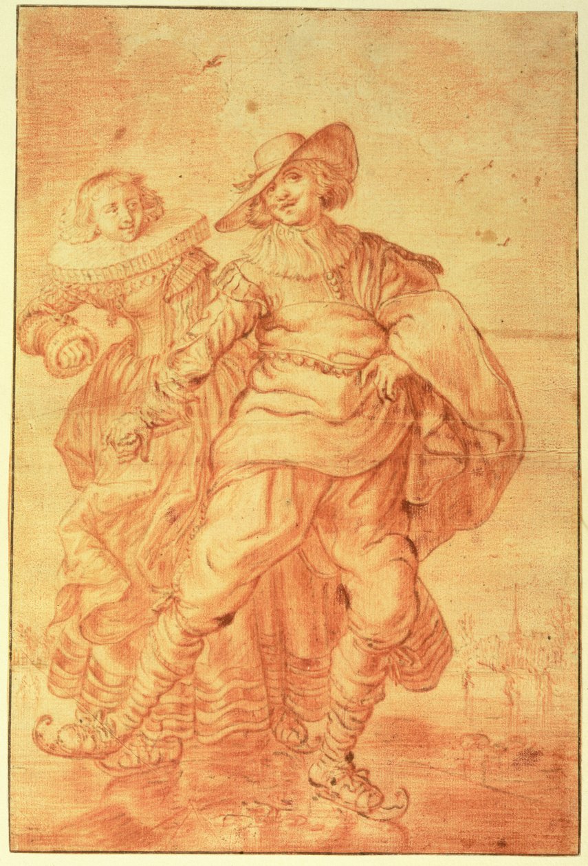 Egy hölgy és úriember korcsolyázik a jégen, 1625 körül (piros kréta papíron) alkotó: Adriaen Pietersz van de Venne