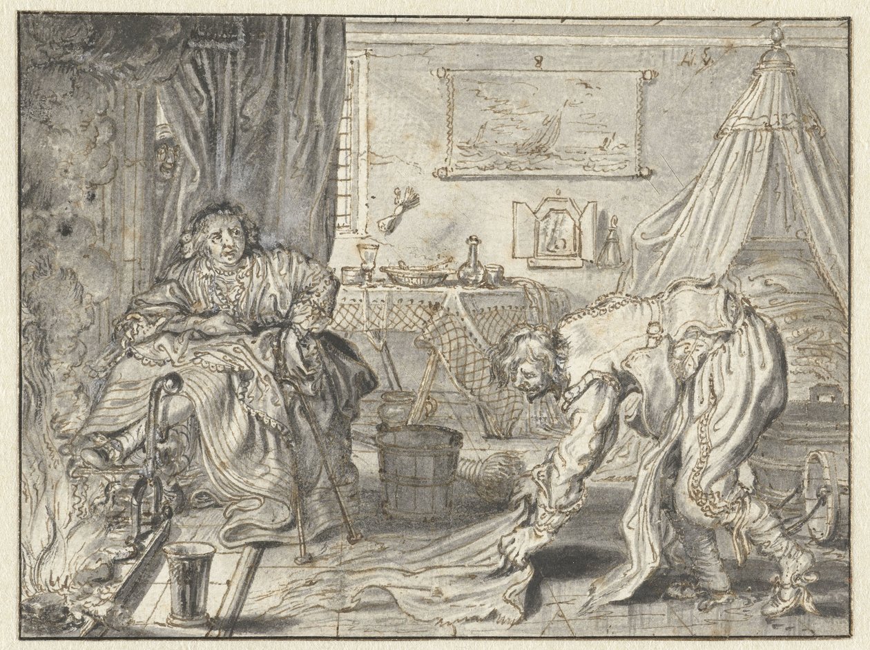 Férfi takarítja a padlót, miközben a felesége ül a kandalló mellett alkotó: Adriaen Pietersz van de Venne