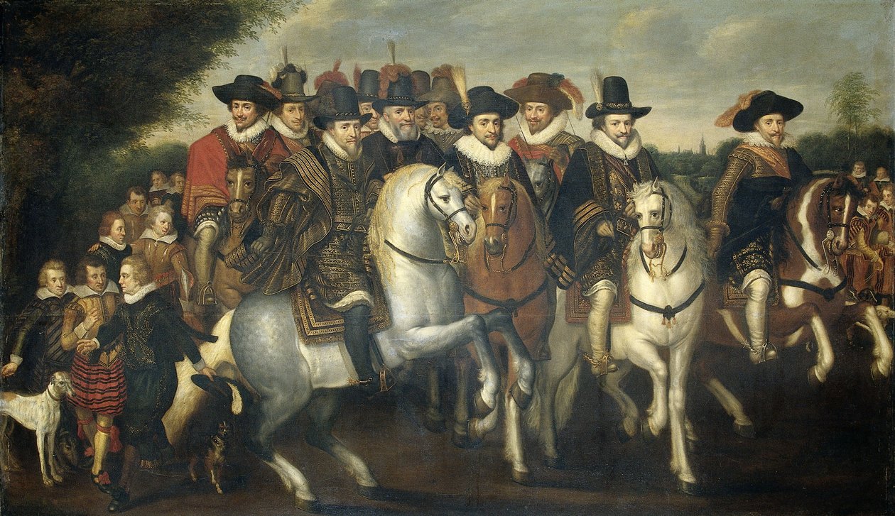 Maurice herceg, két testvére, V. Frigyes nádor választófejedelem és Nassau grófjai kíséretében lóháton, 1625 körül alkotó: Adriaen Pietersz van de Venne