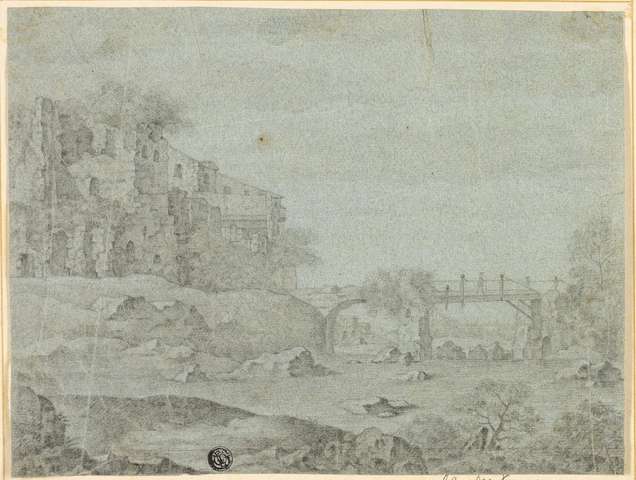 A folyóra néző romok híddal alkotó: Adriaen Pietersz. van de Venne