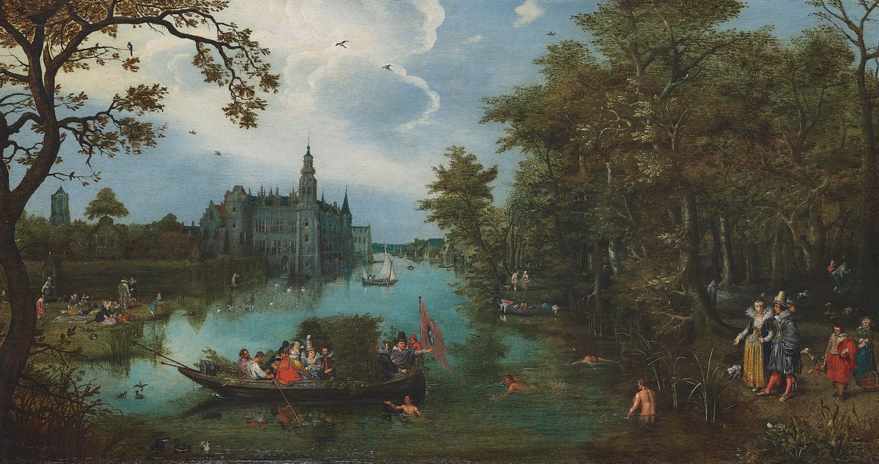 Nyári táj csónakázó társasággal és fürdőzőkkel alkotó: Adriaen Pietersz. van de Venne