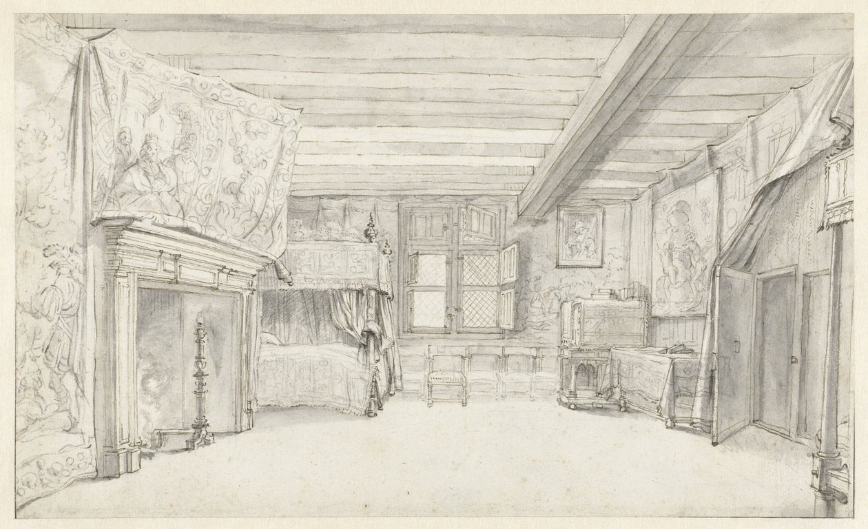 Kilátás egy gazdagon berendezett kamrára baldachinos ággyal alkotó: Adriaen Pietersz van de Venne
