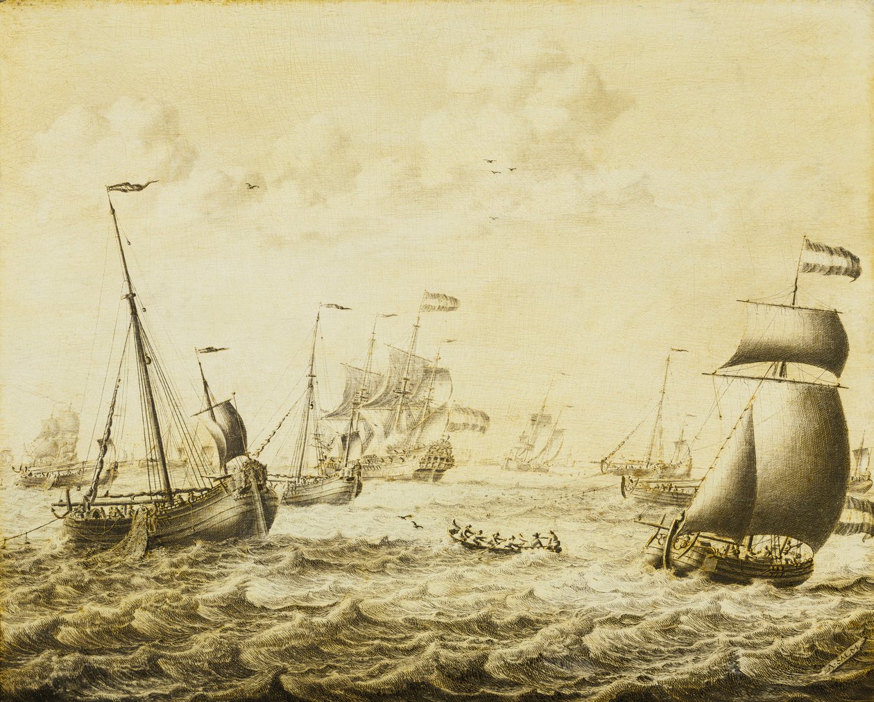 Holland heringhalászat, 17. század vége (grisaille, panel) alkotó: Adriaen or Abraham Salm