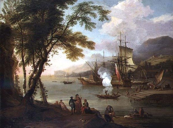 Egy mediterrán kikötő capriccioja hajózással, kereskedőkkel és kikötőikkel alkotó: Adriaen van Diest