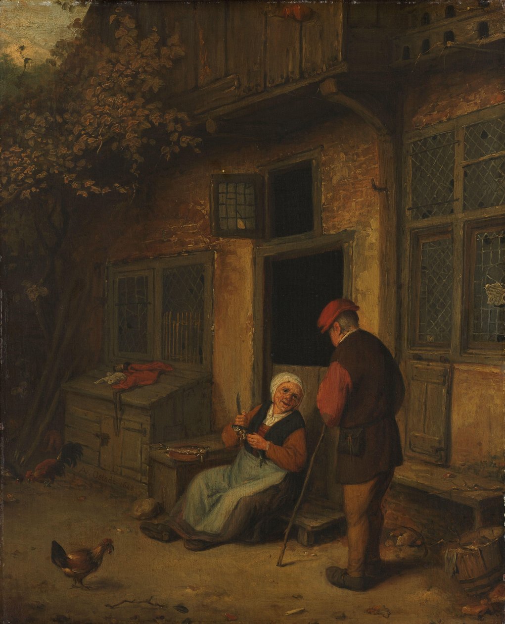Egy nő kibelezi a heringet a háza előtt alkotó: Adriaen van Ostade (copy after)