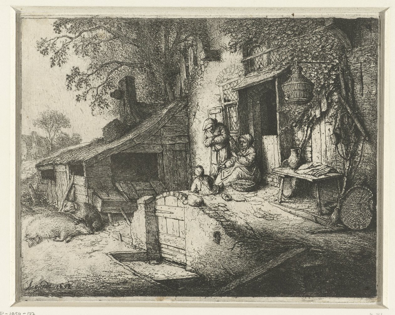 Nő dorombol egy ház előtt A doromboló nő az ajtóban alkotó: Adriaen van Ostade (signed by artist)