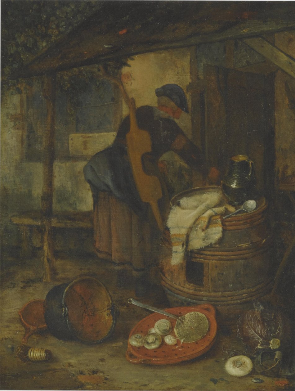 Egy szobalány az ajtó mellett hordóval és zöldségekkel alkotó: Adriaen Jansz. van Ostade