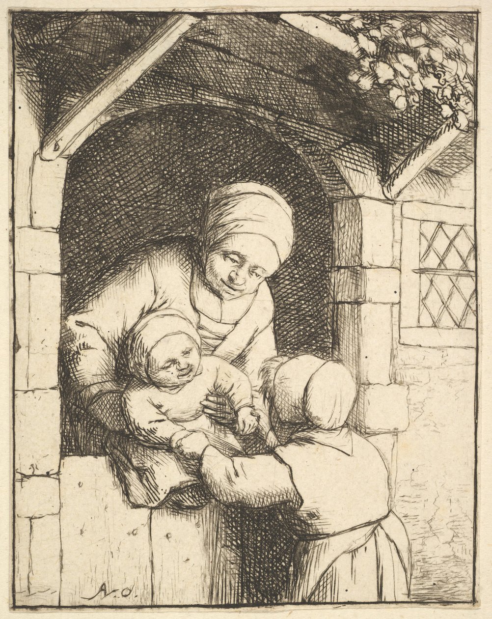 Kislány játszik egy babával az anyja karjában, 1610-85. alkotó: Adriaen van Ostade