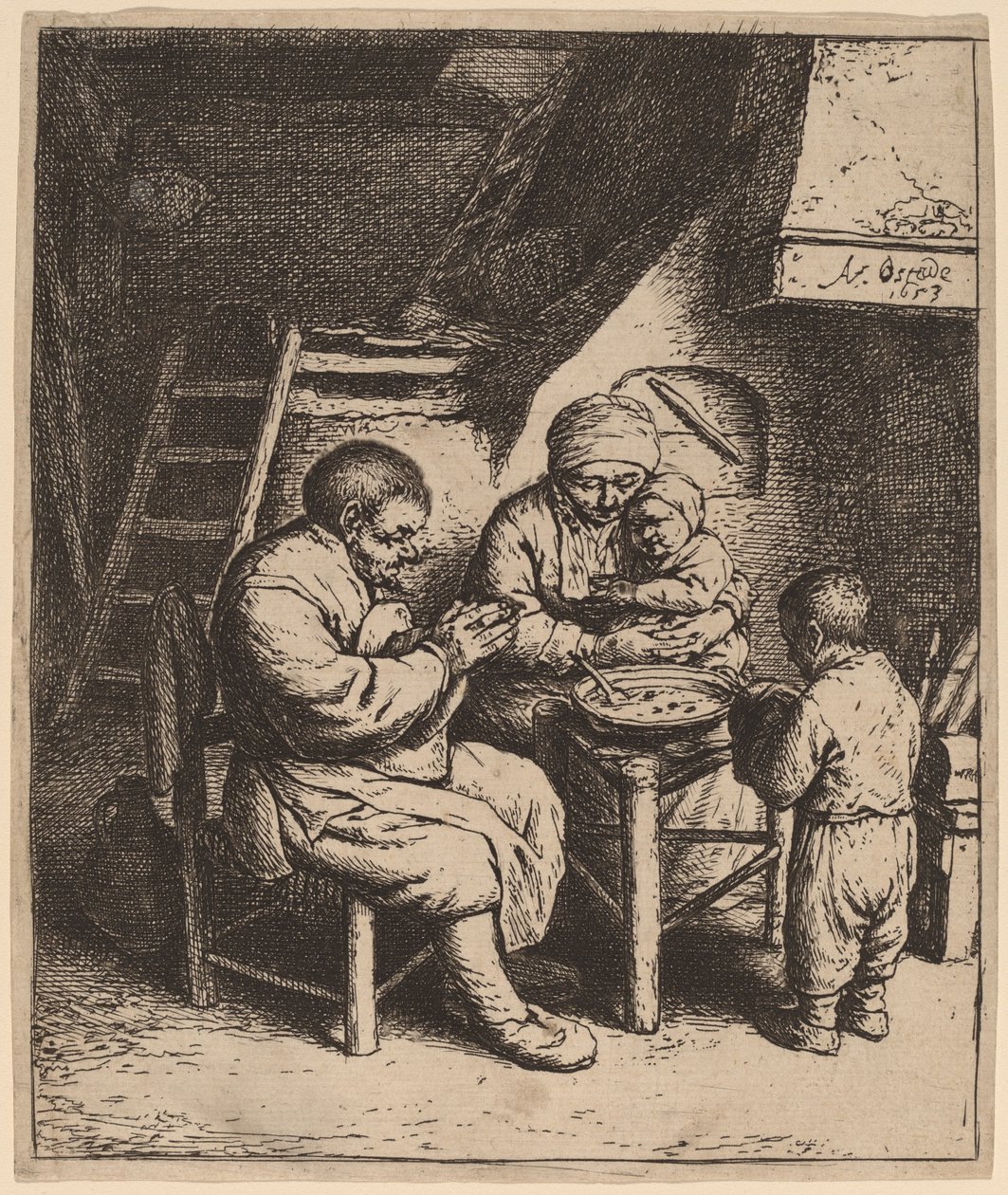 Parasztcsalád kegyelmet mond alkotó: Adriaen van Ostade