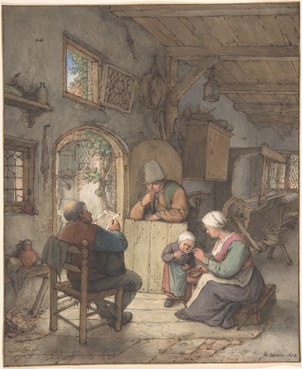 Hírolvasás a takácsok házikójában alkotó: Adriaen van Ostade