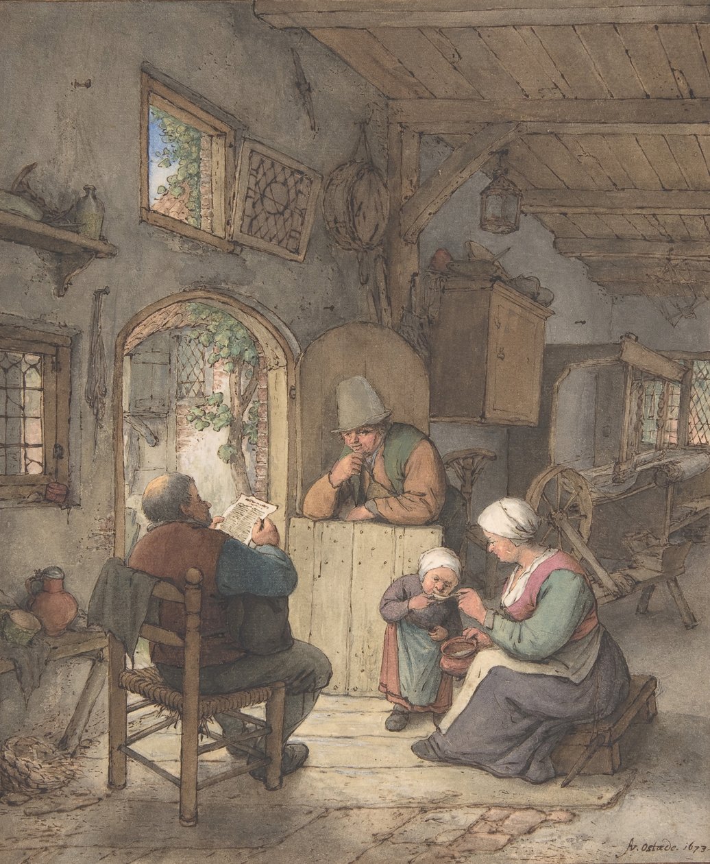 Hírek olvasása a Takácsháznál, 1673. alkotó: Adriaen van Ostade