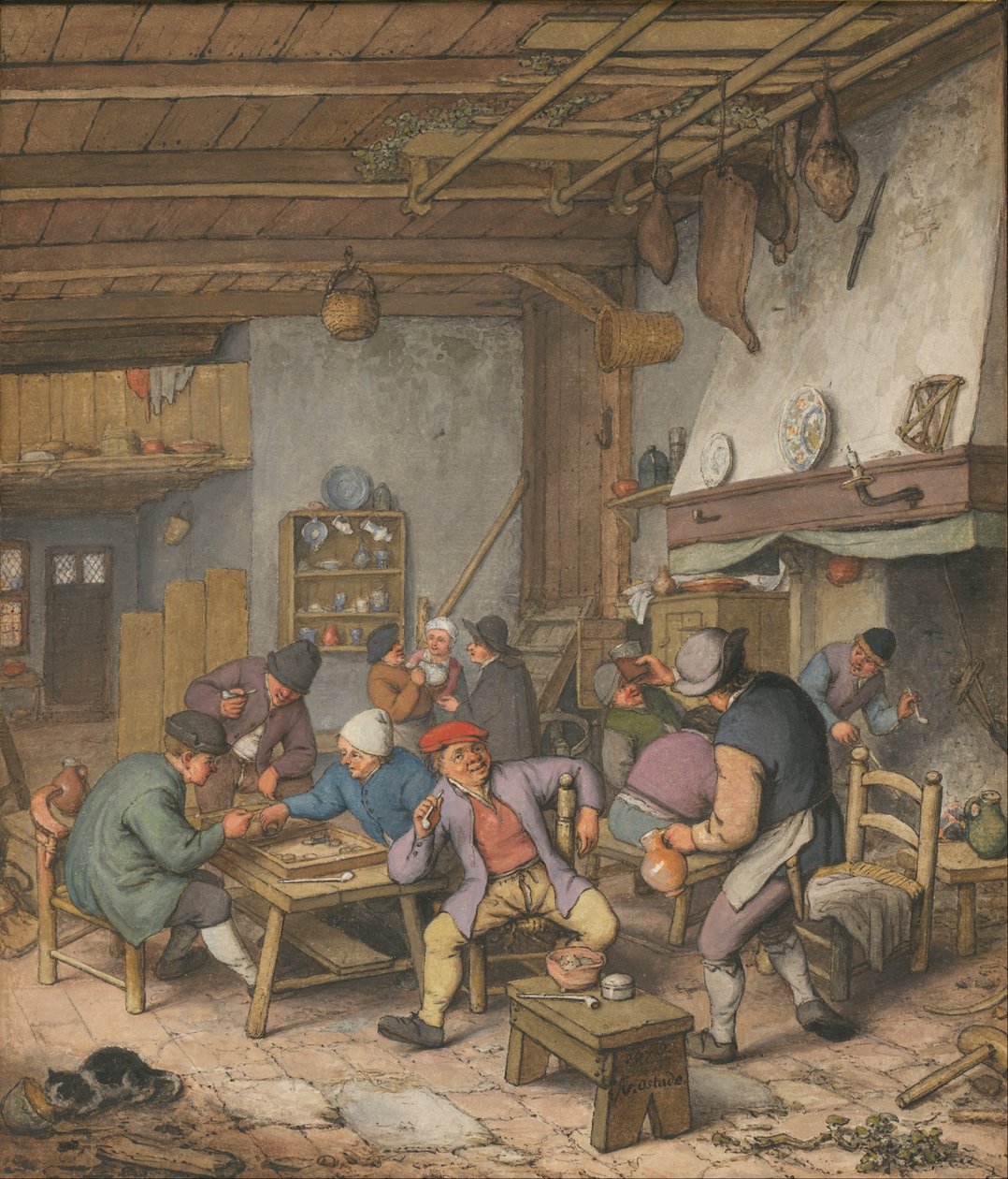 Szoba egy fogadóban, ahol a parasztok isznak, dohányoznak és backgamet játszanak, 1678 alkotó: Adriaen van Ostade