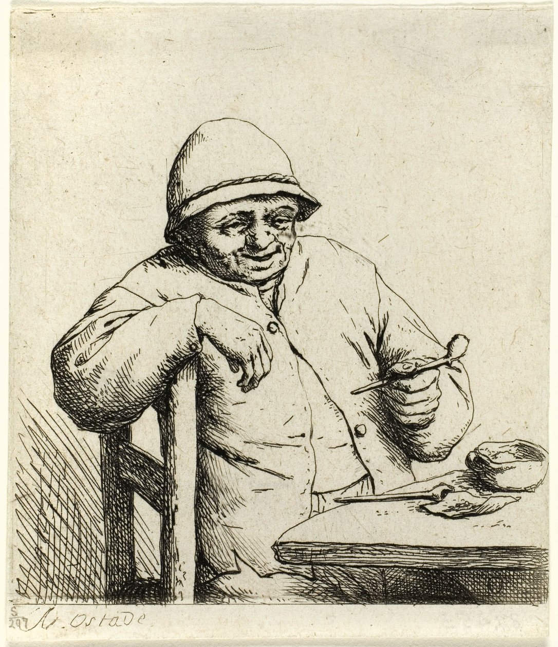 Smoker Leaning on the Back of a Chair   1282563   hu       hungarian Successfully Translated  Original: Gezicht op weiland met korenschoven bij landgoed Larenberg Larenberg (title on object) Translat: Gezicht op weiland met korenschoven bij landgoed Larenb alkotó: Adriaen van Ostade