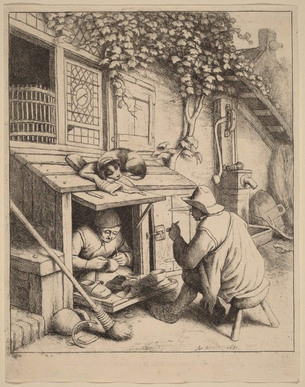 Dohányos egy széken, beszélget egy dolgozó cipésszel alkotó: Adriaen van Ostade