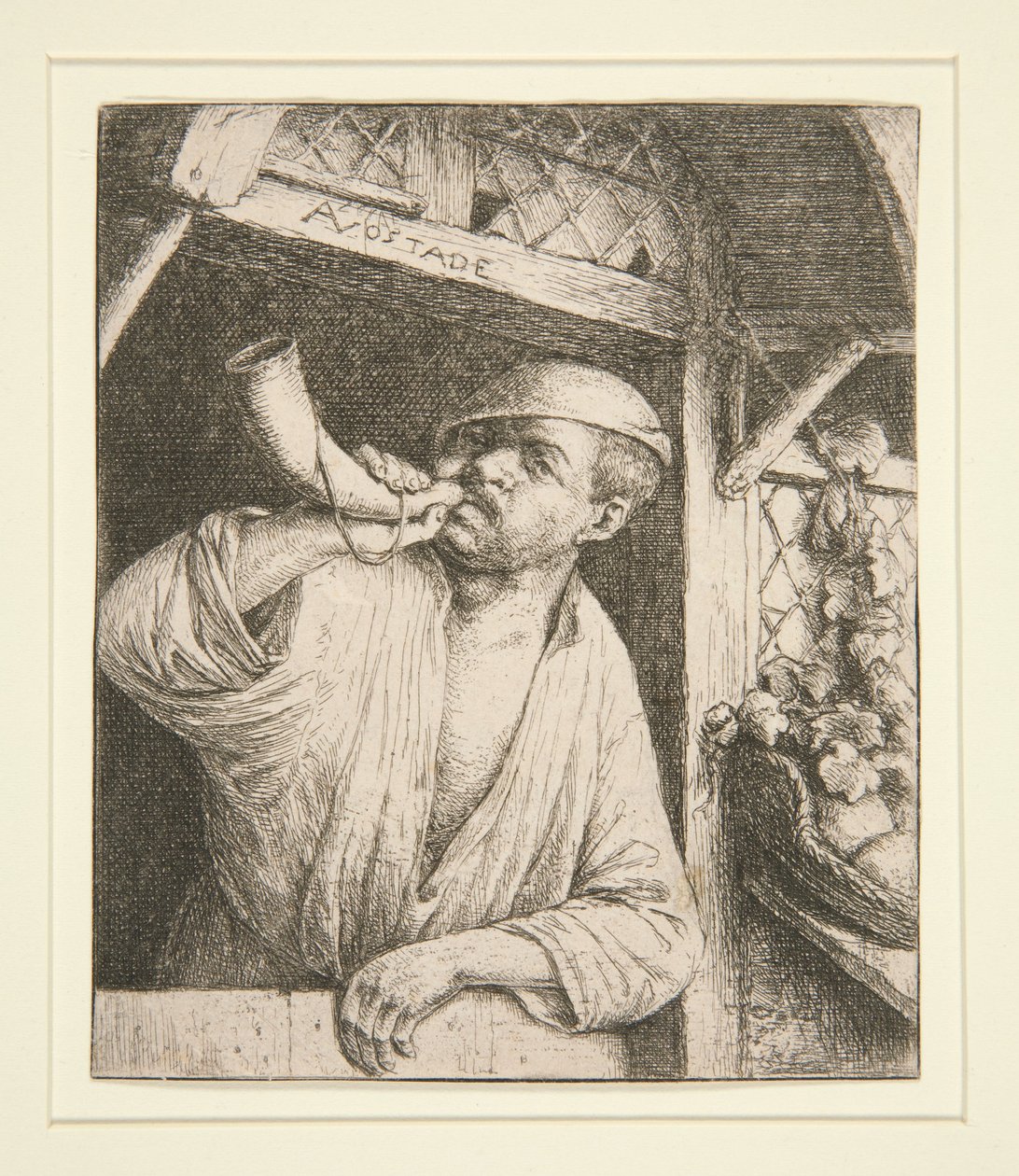 A kürtjét fújó pék alkotó: Adriaen van Ostade