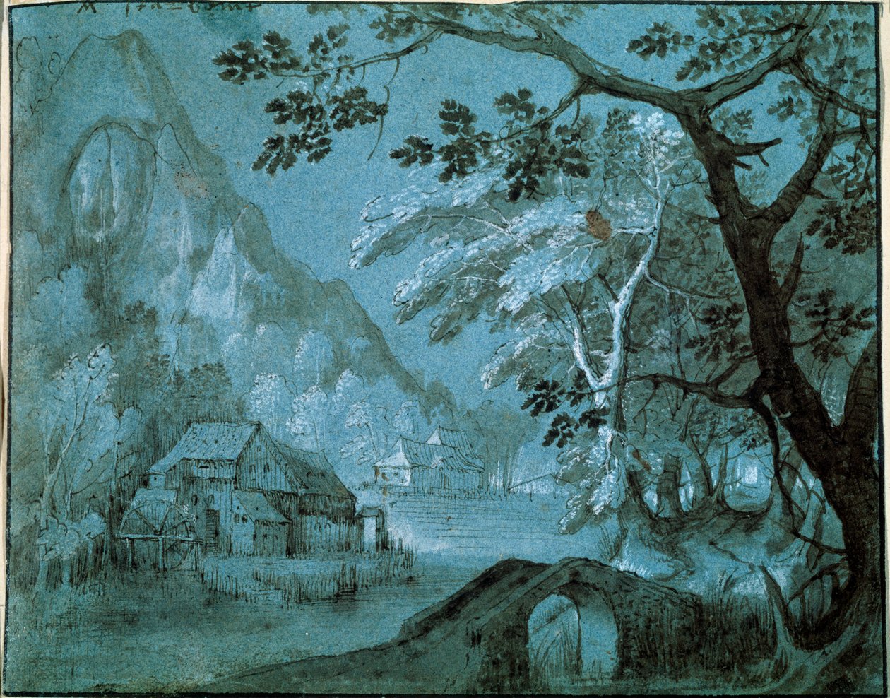 Táj malommal egy hegyi tó mellett, 1610-c1620-as évek alkotó: Adriaen van Stalbemt