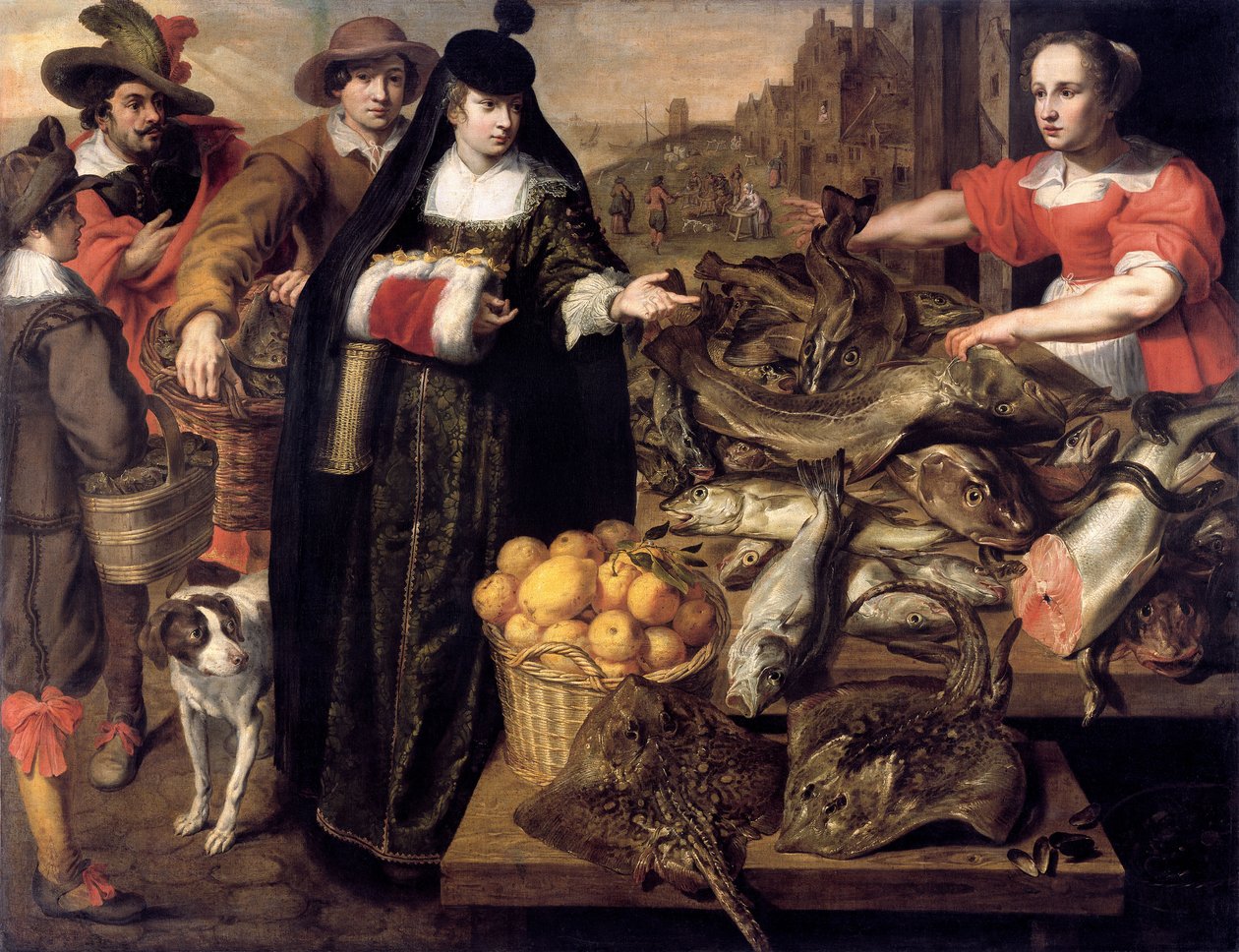 Egy hölgy az antwerpeni halpiacon, 1630-1640. alkotó: Adriaen van Utrecht