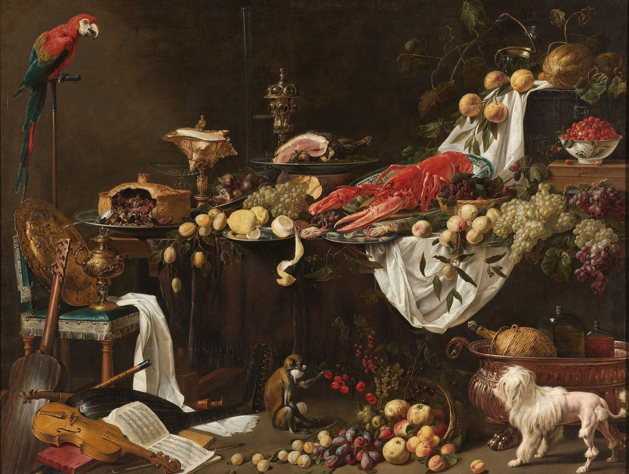 bankett csendélet Pronk csendélet papagájjal, kutyával és majommal alkotó: Adriaen van Utrecht