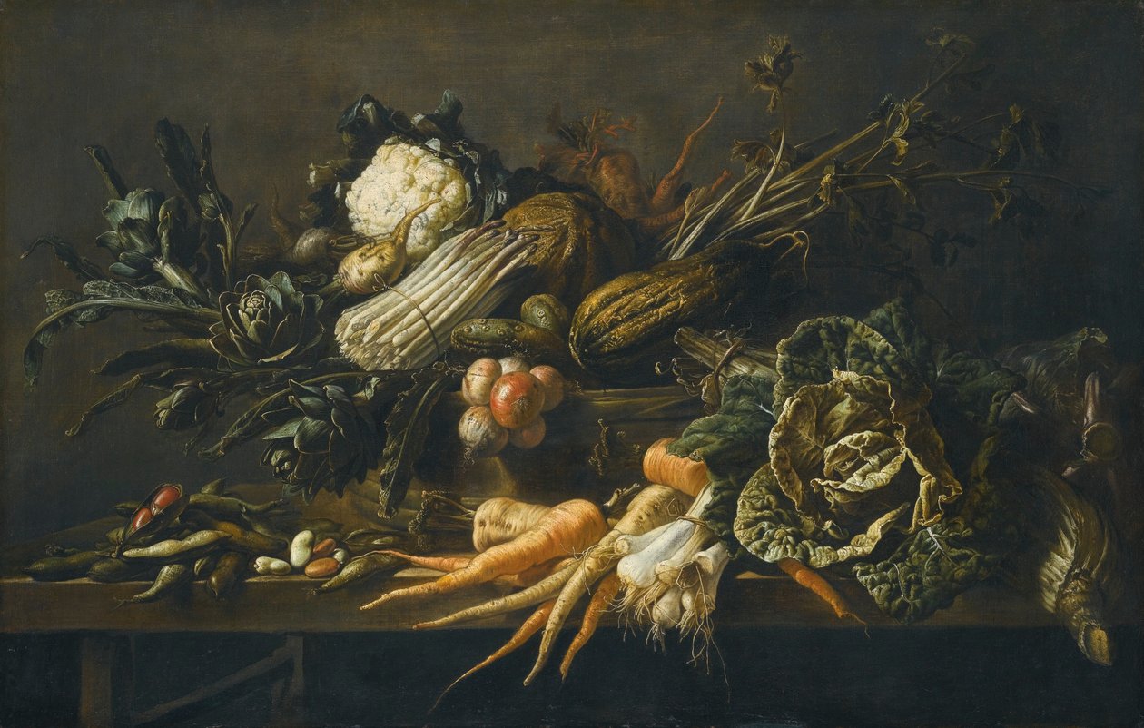 Csendélet articsóka, spárga, zöldkáposzta, hagyma, bab, sárgarépa és más zöldségek, mindez egy fapadon. alkotó: Adriaen van Utrecht