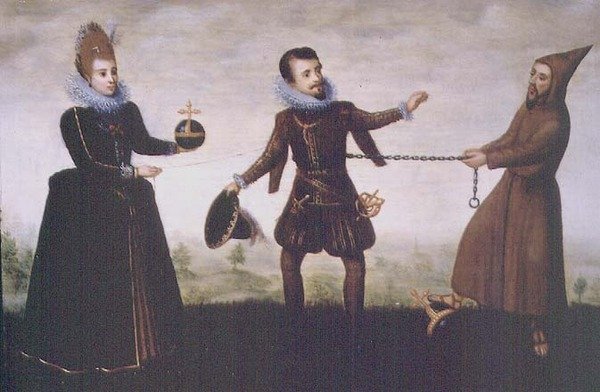 Szatíra a jámbor Albert főhercegről, aki 1598-ban lemond toledói érseki székéről, hogy feleségül vegye Isabella Clara Eugéniát alkotó: Adriaen van de (workshop of) Venne