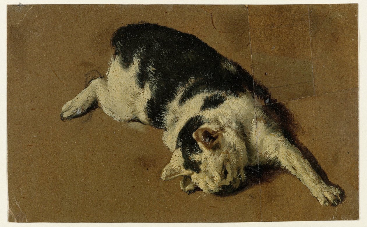 A macska oldalt fekve, bal mellső lába kinyújtva alkotó: Adriaen van de Velde (attributed to)