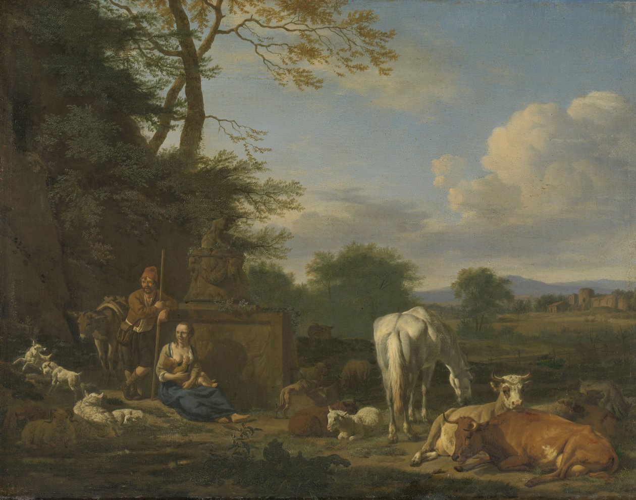 Árkádiai táj pihenő pásztorokkal és állatokkal, 1664 (olaj, vászon a táblán) alkotó: Adriaen van de Velde