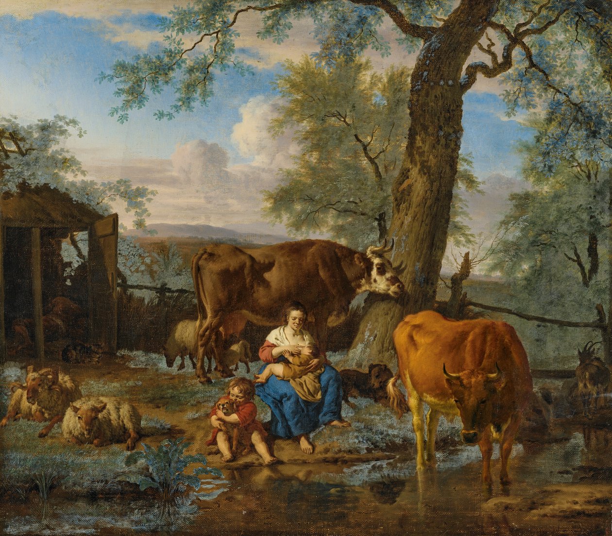 Szarvasmarha szoptató nő és gyermek játszik egy kutyával alkotó: Adriaen van de Velde