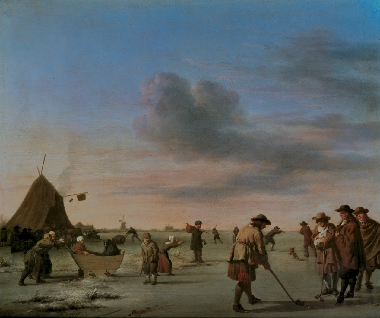 Golfozók a jégen Haarlem közelében, 1668 (panel) alkotó: Adriaen van de Velde