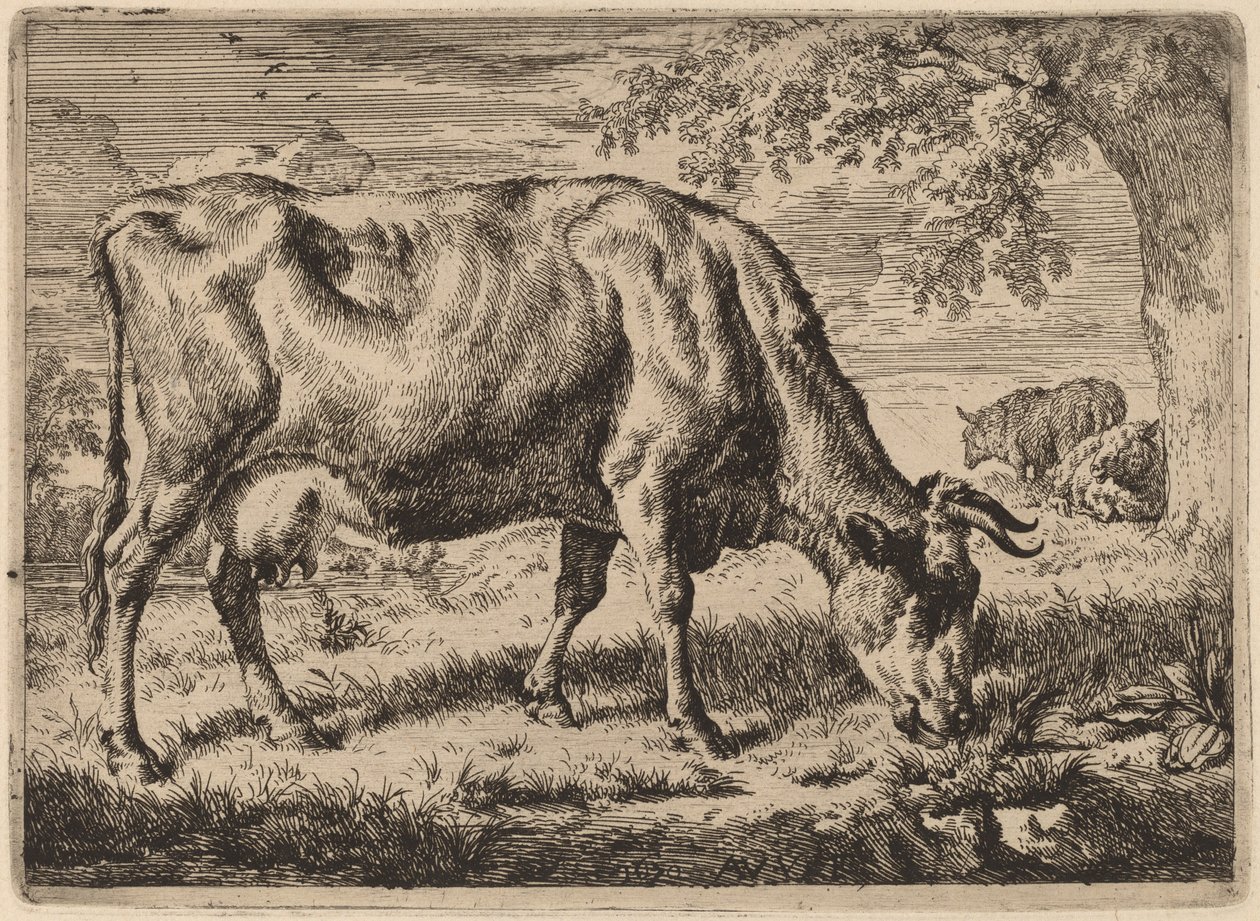 Legelő tehén két birkával alkotó: Adriaen van de Velde