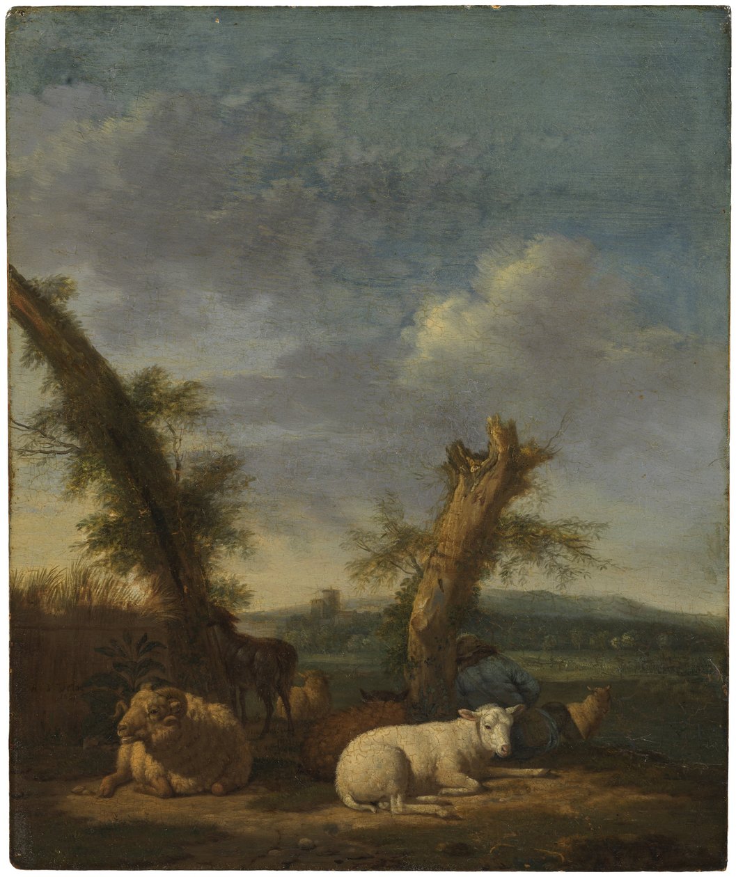 Tájkép juhokkal és alvó pásztorral alkotó: Adriaen van de Velde