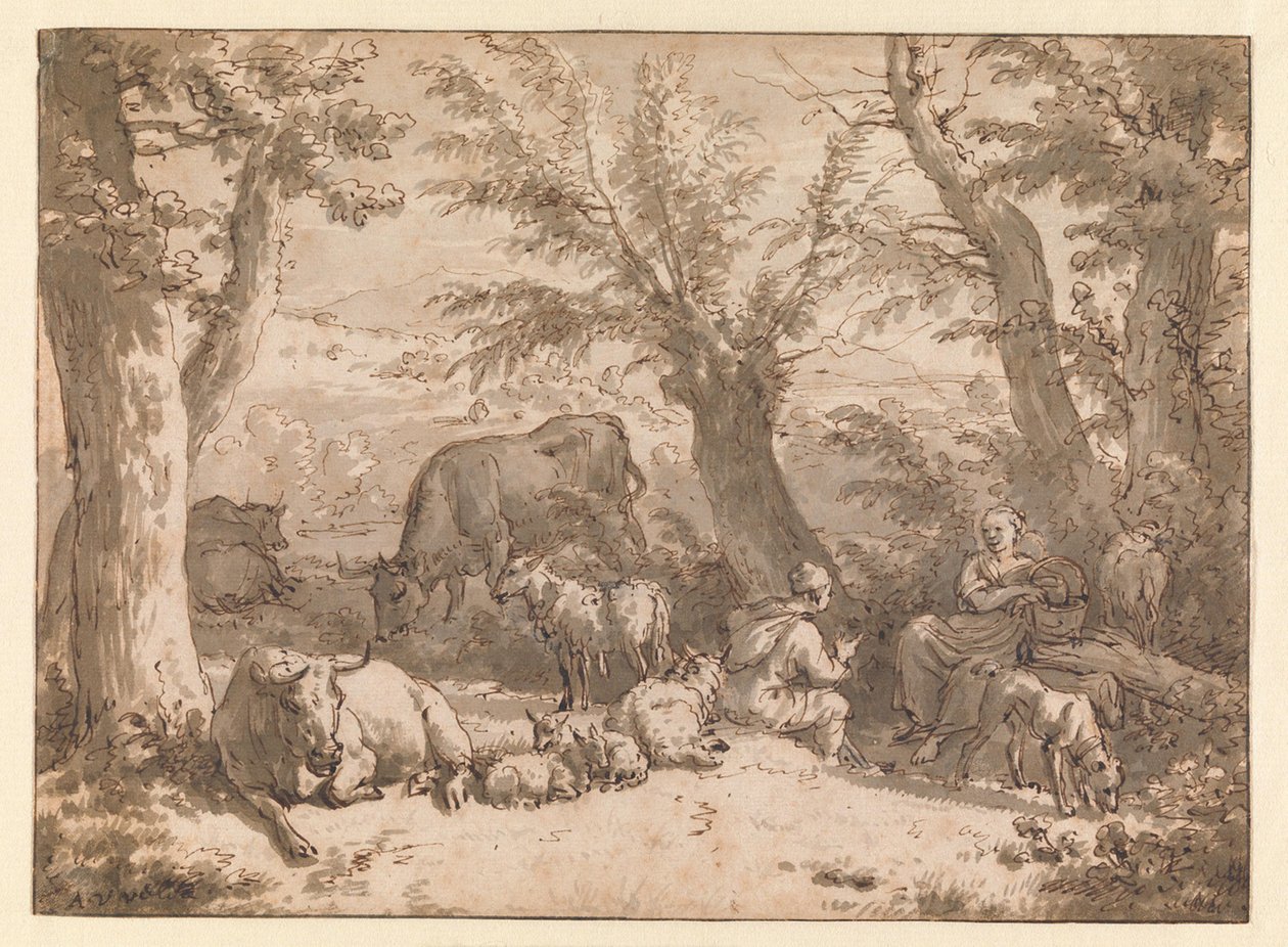 Táj pásztorral, pásztorlánnyal és jószággal alkotó: Adriaen van de Velde