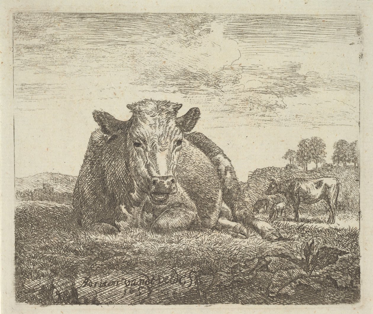 Fekvő tehén, különböző állatokból, 1657. alkotó: Adriaen van de Velde