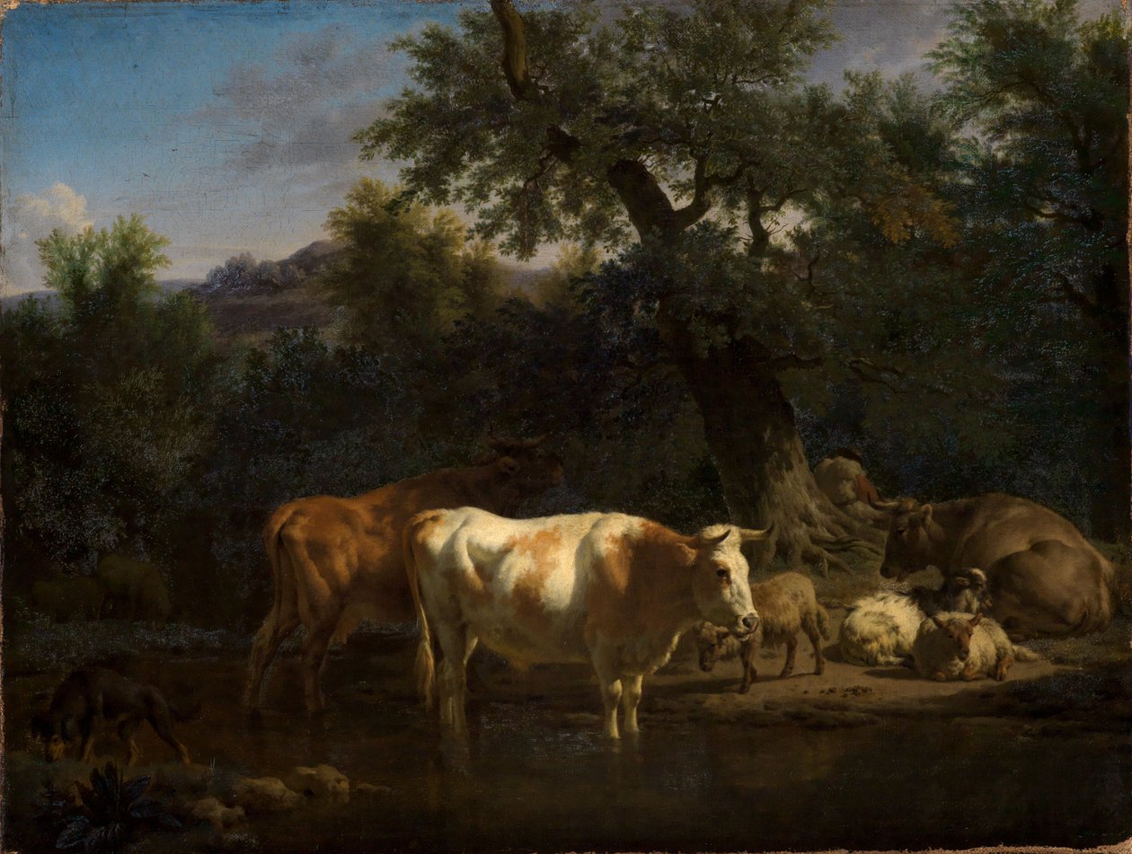 Szarvasmarhák és juhok a Waldwasser mellett alkotó: Adriaen van de Velde