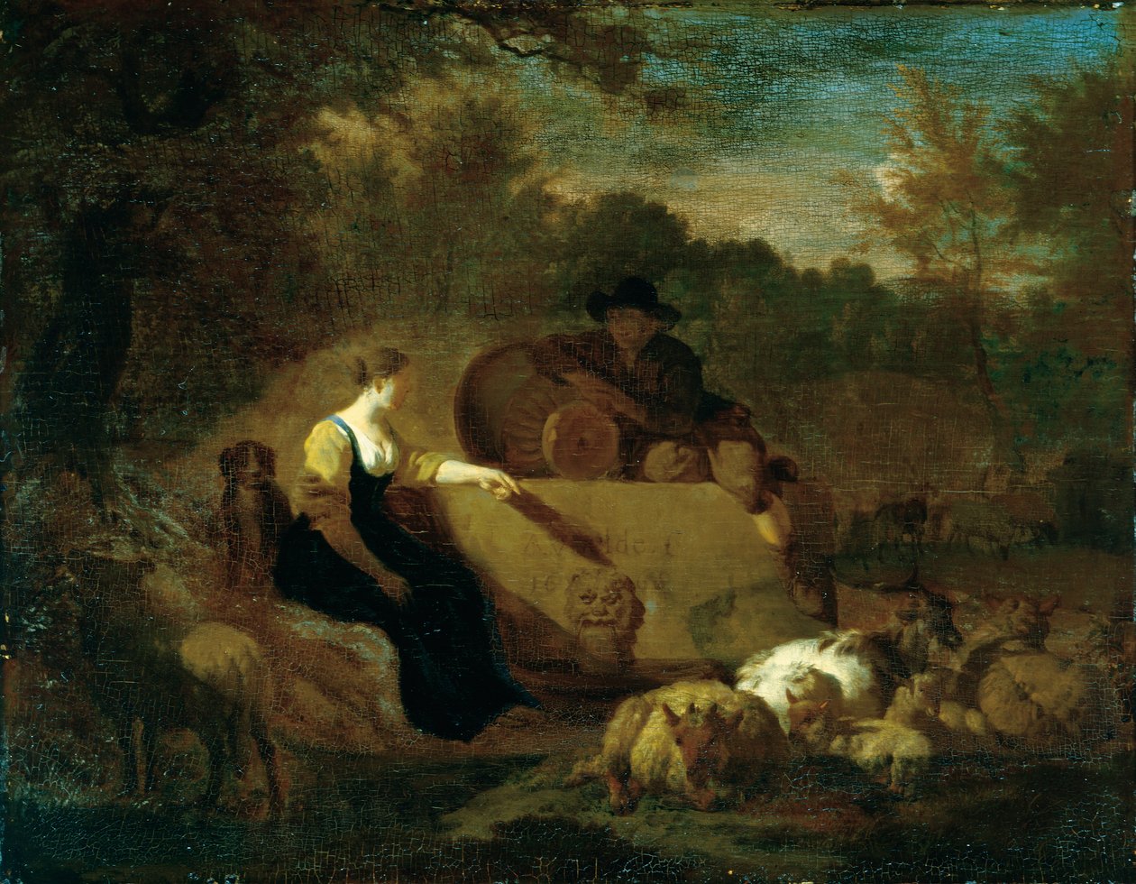 Pásztor és pásztornő nyájukkal egy kútnál alkotó: Adriaen van de Velde