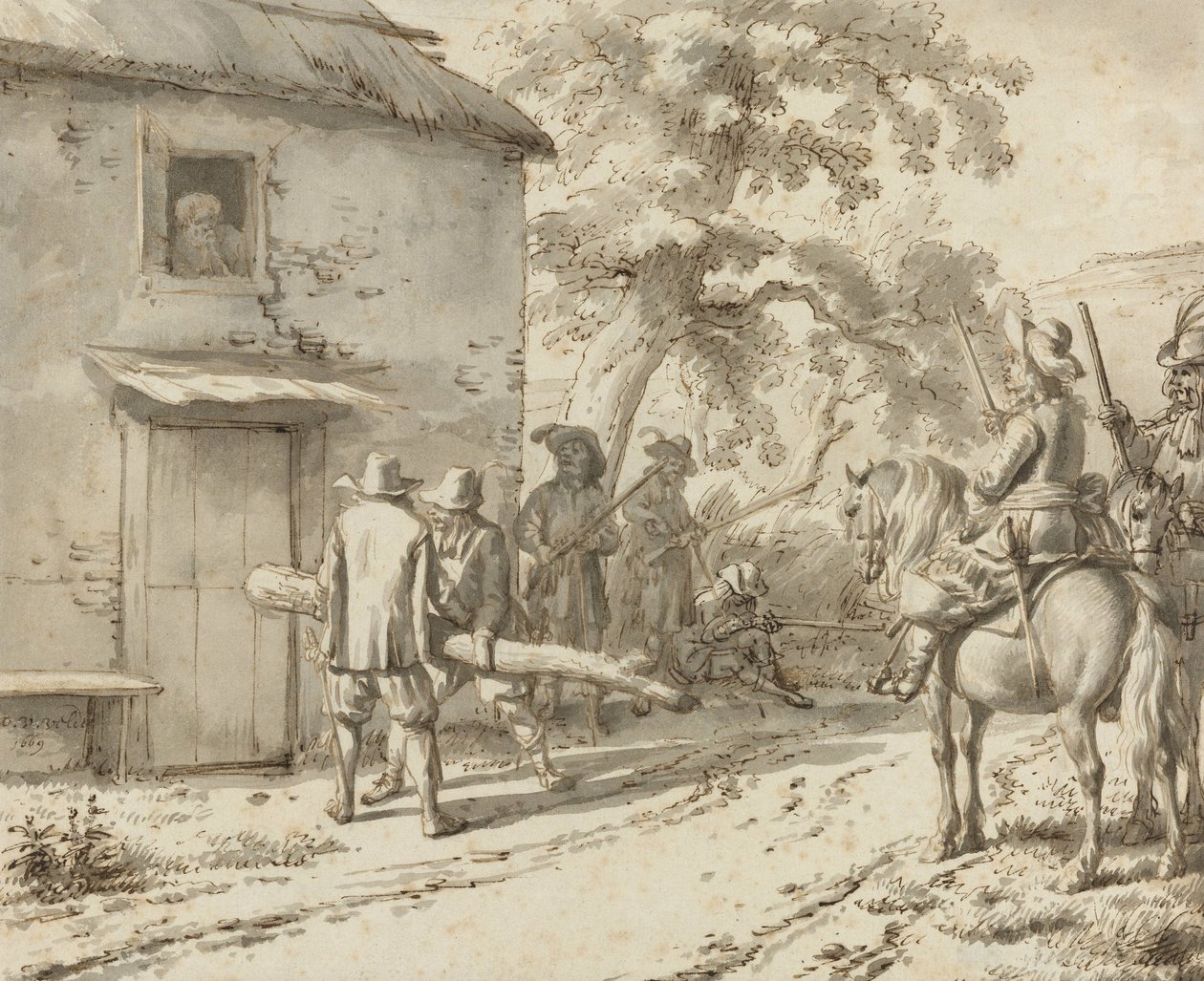 Katonák ajtót kényszerítenek, 1669 (toll- és tusrajz) alkotó: Adriaen van de Velde