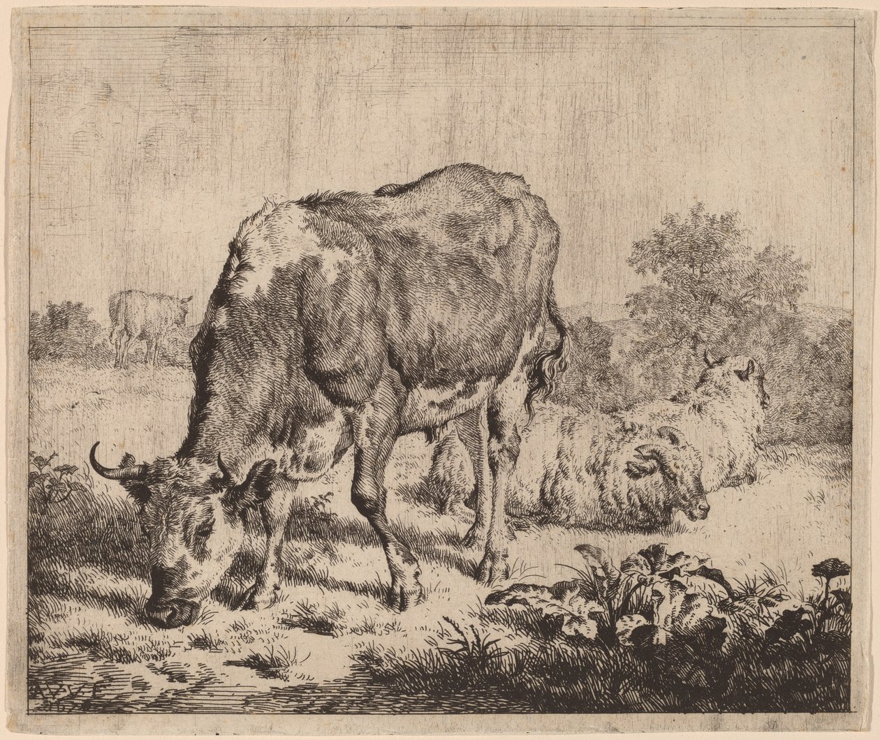 Foltos bika és három bárány alkotó: Adriaen van de Velde