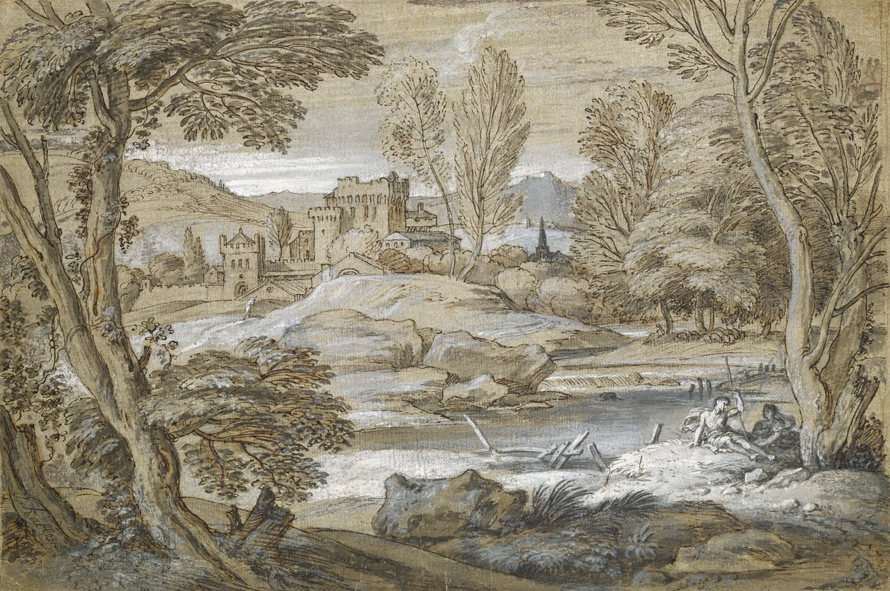 Klasszikus táj (toll és indiai tinta papíron) alkotó: Adriaen van der Cabel