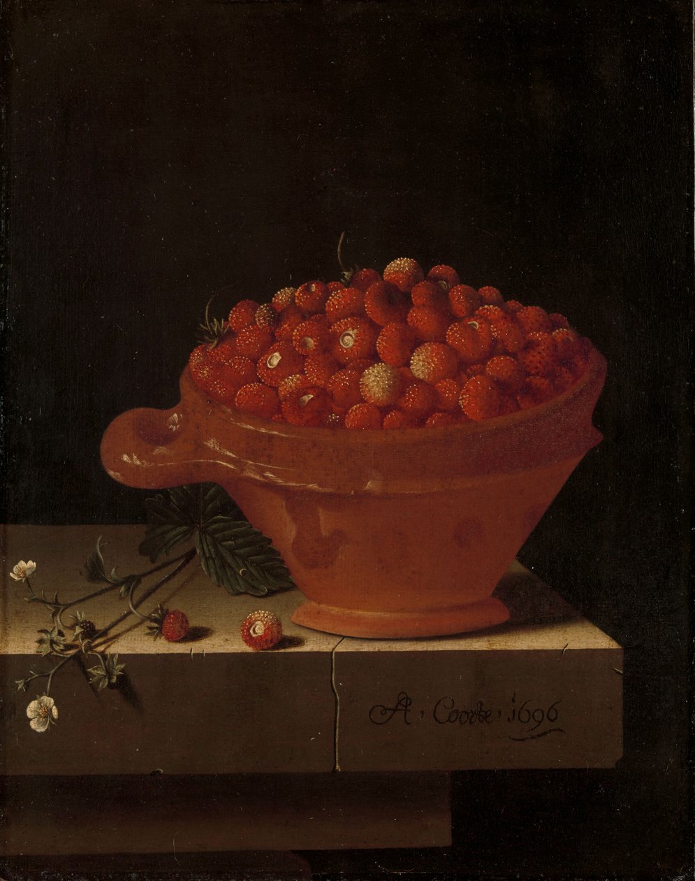 Egy tál eper kőtalapzaton, 1696 alkotó: Adrian Coorte