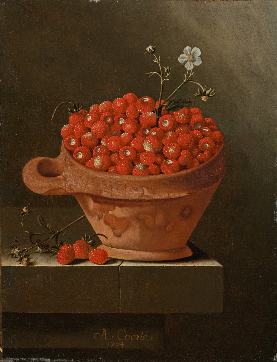Csendélet eperrel agyagedényben, 1704 alkotó: Adrian Coorte