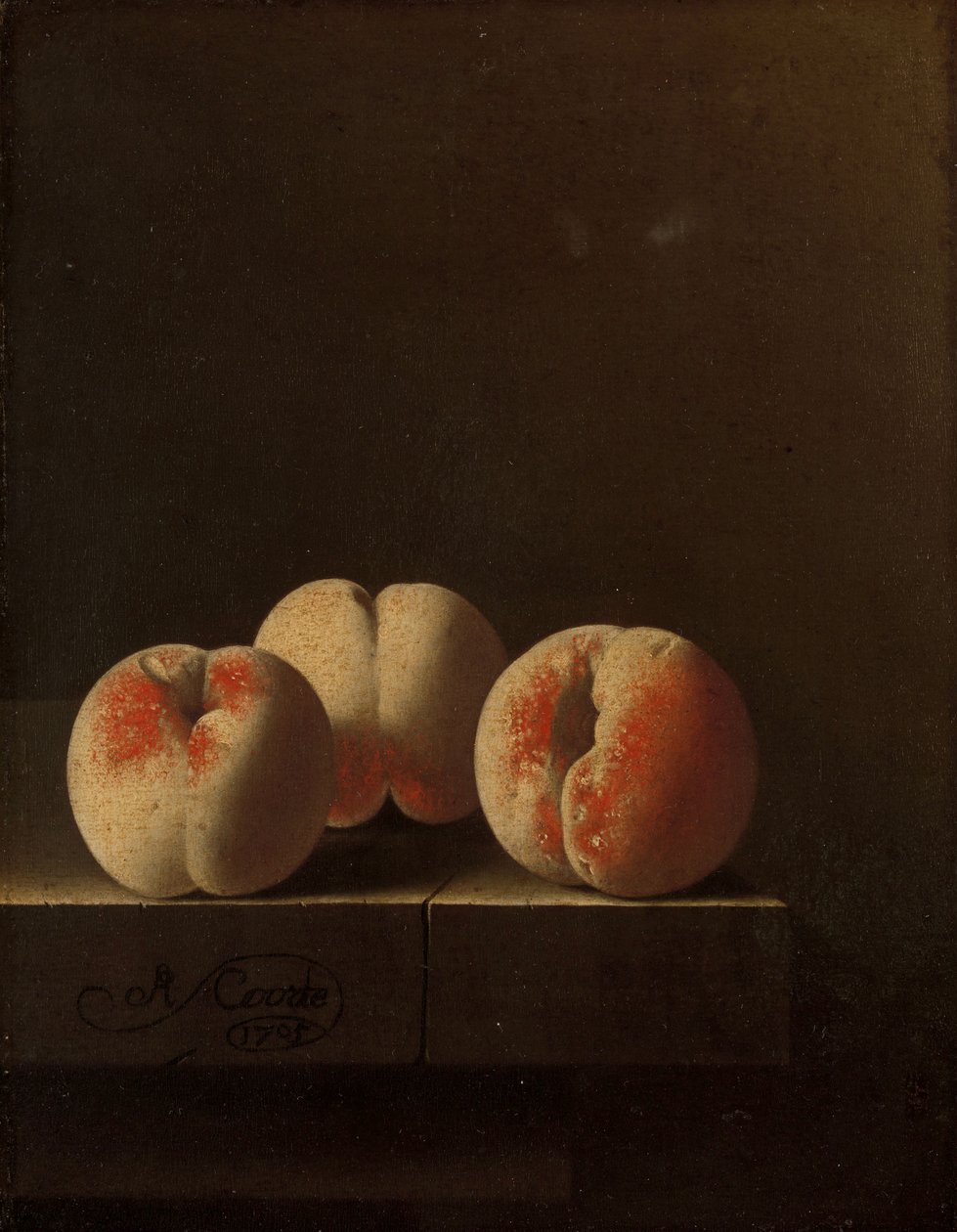 Három őszibarack egy kőtalapzaton, 1705 alkotó: Adrian Coorte