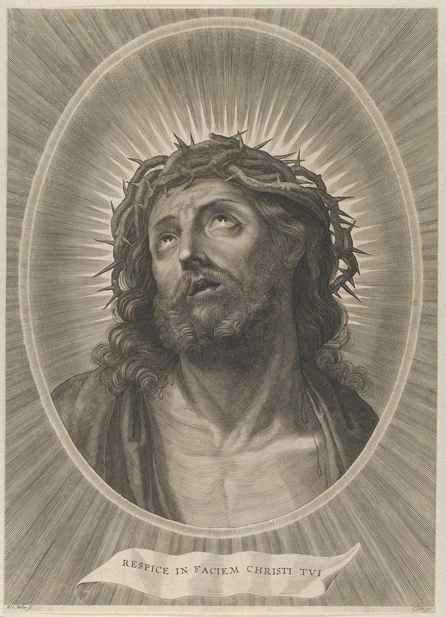 Töviskoronával felnéző Krisztus feje, ovális keretben, Reni után, kb. 1..., kb. 1653-67. alkotó: Adrian van Melar