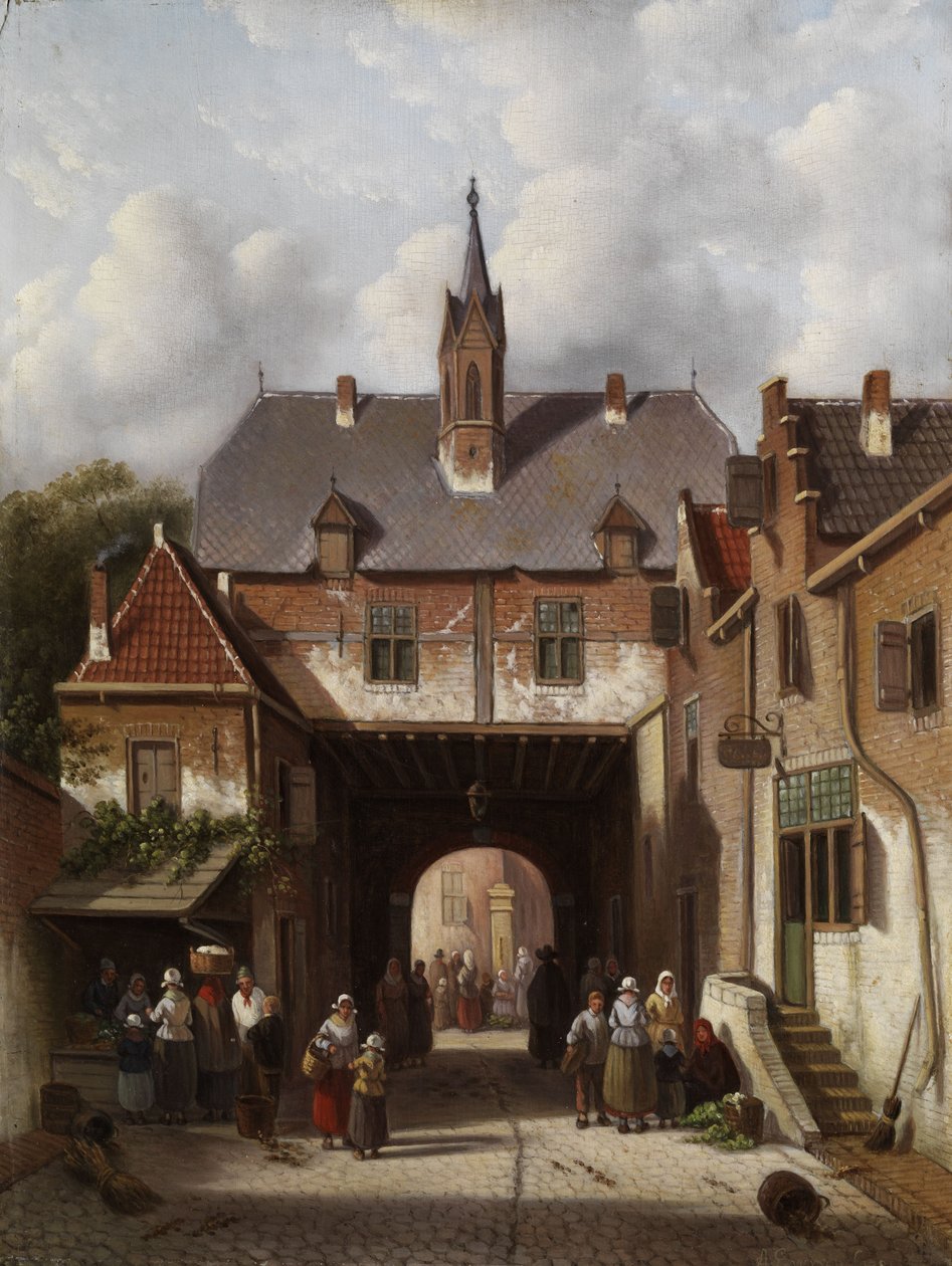 Piaci nyüzsgés egy kapuépület alatt alkotó: Adrianus Eversen
